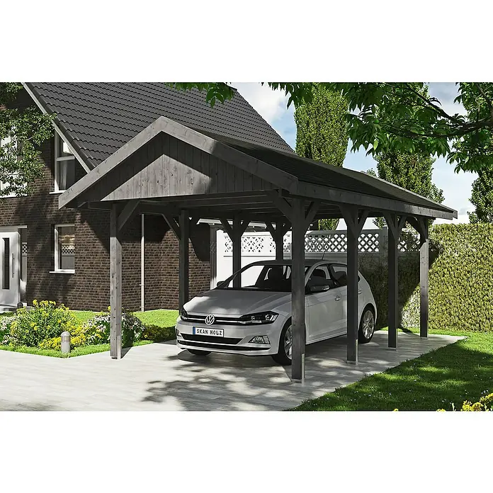 Skan Holz Carport Wallgau - L x B: 600 x 380 cm, Einfahrtshöhe: 215 cm, Schiefergrau, Schwarze Bitumenschindeln - Anwendungsbeispiel
