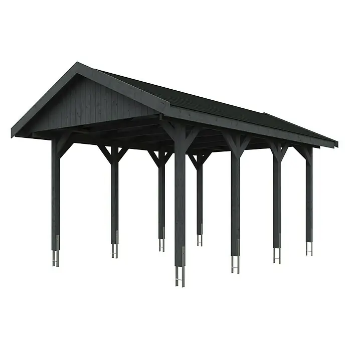 Skan Holz Carport Wallgau - L x B: 600 x 380 cm, Einfahrtshöhe: 215 cm, Schiefergrau, Schwarze Bitumenschindeln - Diagonale Ansicht