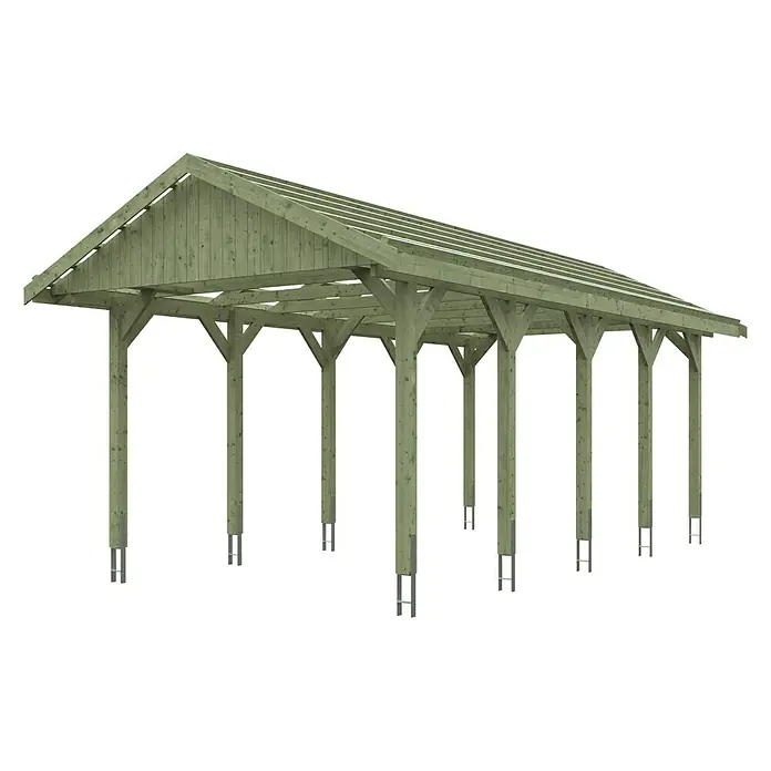 Skan Holz Carport Wallgau - L x B: 750 x 380 cm, Einfahrtshöhe: 215 cm, Grün, Dachlatten zur Eindeckung mit Dachziegeln - Diagonale Ansicht