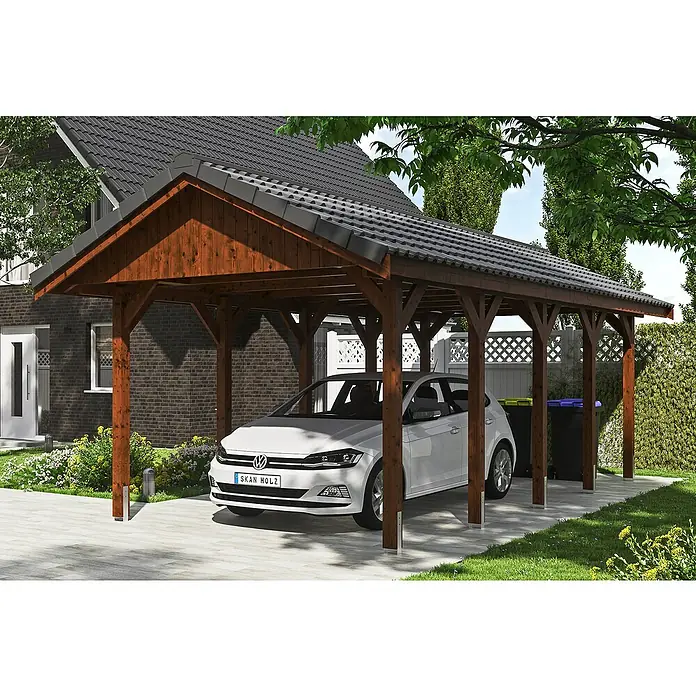 Skan Holz Carport Wallgau - L x B: 750 x 380 cm, Einfahrtshöhe: 215 cm, Nussbaum, Dachlatten zur Eindeckung mit Dachziegeln - Anwendungsbeispiel