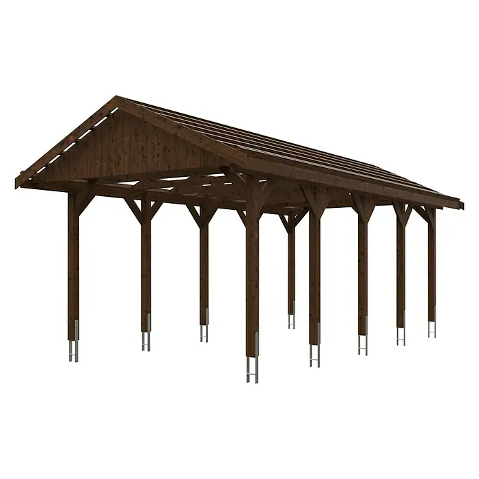 Skan Holz Carport Wallgau - L x B: 750 x 380 cm, Einfahrtshöhe: 215 cm, Nussbaum, Dachlatten zur Eindeckung mit Dachziegeln - Diagonale Ansicht