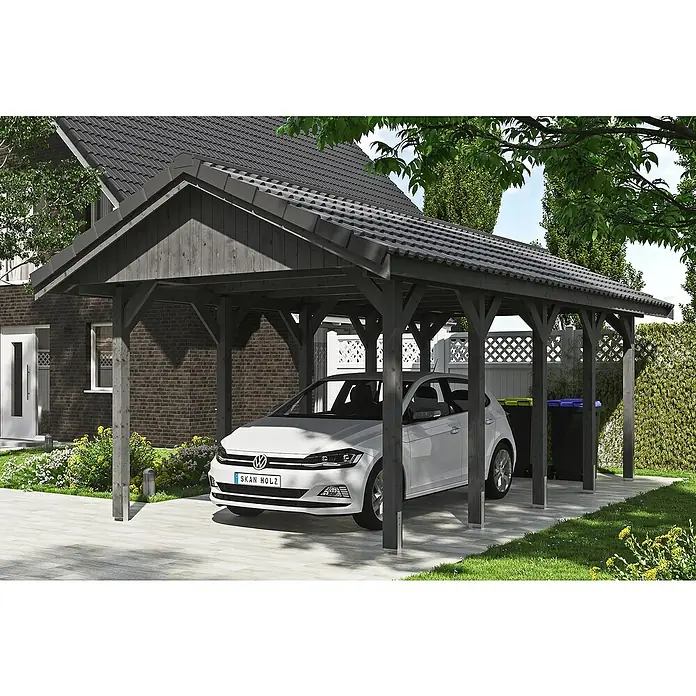 Skan Holz Carport Wallgau - L x B: 750 x 380 cm, Einfahrtshöhe: 215 cm, Schiefergrau, Dachlatten zur Eindeckung mit Dachziegeln - Anwendungsbeispiel