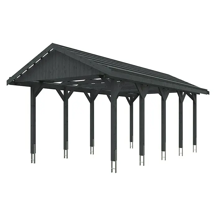 Skan Holz Carport Wallgau - L x B: 750 x 380 cm, Einfahrtshöhe: 215 cm, Schiefergrau, Dachlatten zur Eindeckung mit Dachziegeln - Diagonale Ansicht
