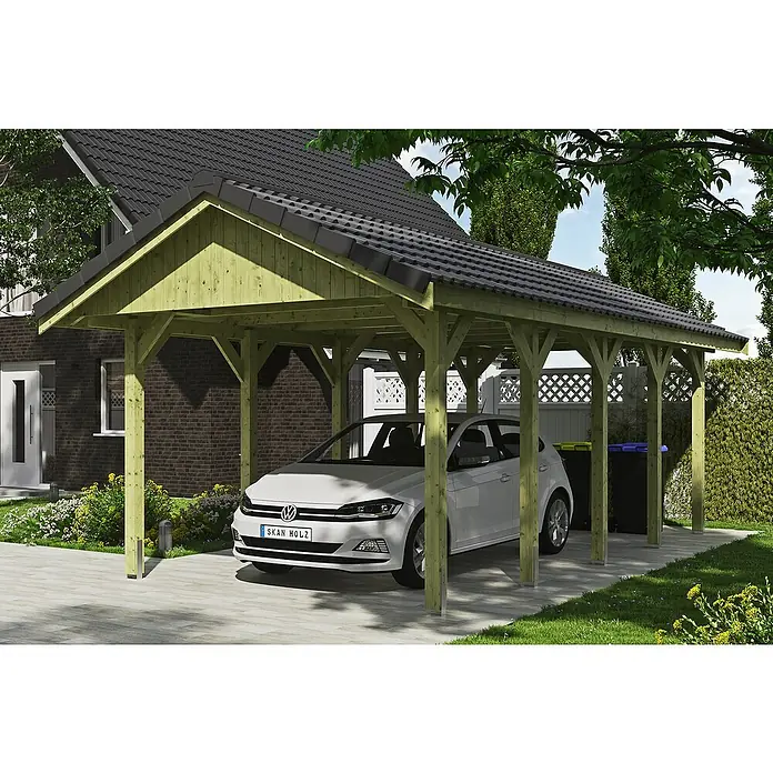 Skan Holz Carport Wallgau - L x B: 750 x 380 cm, Einfahrtshöhe: 215 cm, Grün, Dachlatten zur Eindeckung mit Dachziegeln - Anwendungsbeispiel