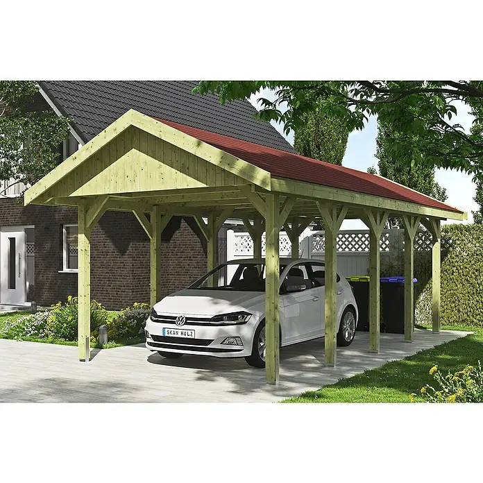 Skan Holz Carport Wallgau - L x B: 750 x 380 cm, Einfahrtshöhe: 215 cm, Farbe Dach: Rot - Anwendungsbeispiel