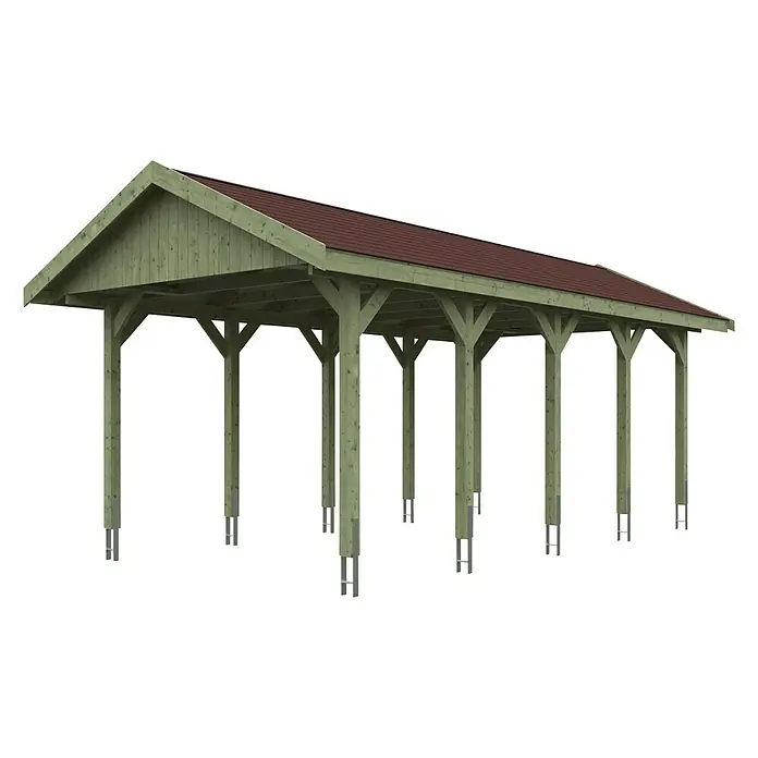Skan Holz Carport Wallgau - L x B: 750 x 380 cm, Einfahrtshöhe: 215 cm, Farbe Dach: Rot - Diagonale Ansicht