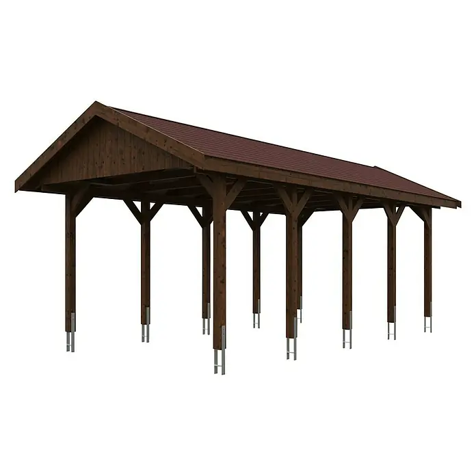 Skan Holz Carport Wallgau - L x B: 750 x 380 cm, Einfahrtshöhe: 215 cm, Nussbaum, Rote Bitumenschindeln - Diagonale Ansicht