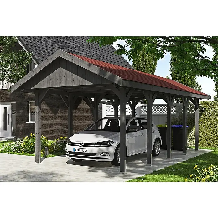 Skan Holz Carport Wallgau - L x B: 750 x 380 cm, Einfahrtshöhe: 215 cm, Schiefergrau - Anwendungsbeispiel
