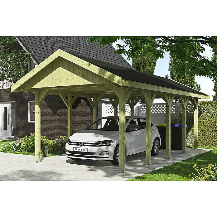 Skan Holz Carport Wallgau - L x B: 750 x 380 cm, Einfahrtshöhe: 215 cm, Farbe Dach: Schwarz - Anwendungsbeispiel