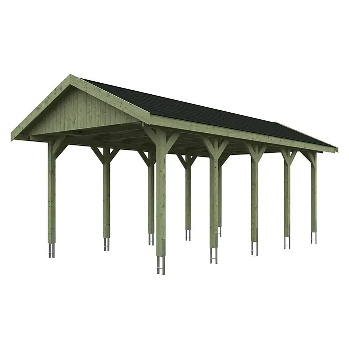 Skan Holz Carport Wallgau - L x B: 750 x 380 cm, Einfahrtshöhe: 215 cm, Farbe Dach: Schwarz - Diagonale Ansicht