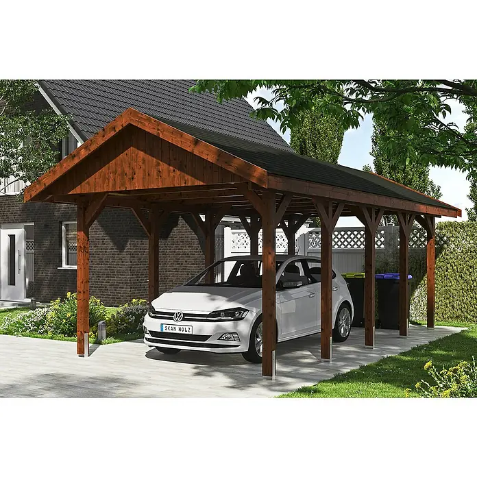 Skan Holz Carport Wallgau - L x B: 750 x 380 cm, Einfahrtshöhe: 215 cm, Nussbaum - Anwendungsbeispiel