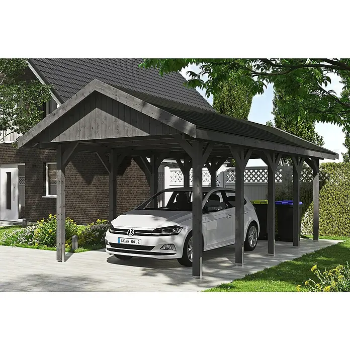 Skan Holz Carport Wallgau - L x B: 750 x 380 cm, Einfahrtshöhe: 215 cm, Schiefergrau, Schwarze Bitumenschindeln - Anwendungsbeispiel