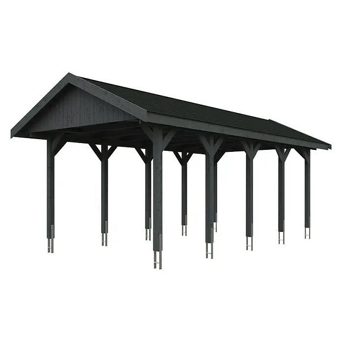 Skan Holz Carport Wallgau - L x B: 750 x 380 cm, Einfahrtshöhe: 215 cm, Schiefergrau, Schwarze Bitumenschindeln - Diagonale Ansicht
