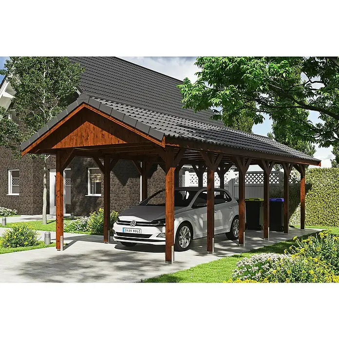 Skan Holz Carport Wallgau - L x B: 900 x 380 cm, Einfahrtshöhe: 215 cm, Nussbaum, Dachlatten zur Eindeckung mit Dachziegeln - Anwendungsbeispiel