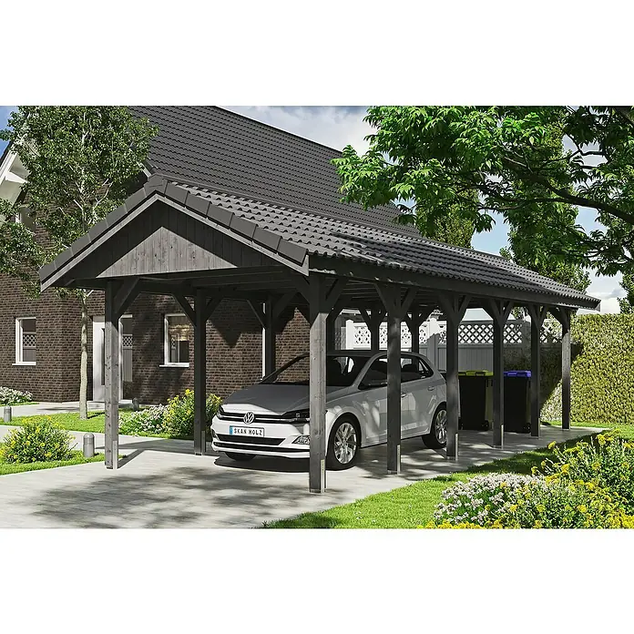 Skan Holz Carport Wallgau - L x B: 900 x 380 cm, Einfahrtshöhe: 215 cm, Schiefergrau, Dachlatten zur Eindeckung mit Dachziegeln - Anwendungsbeispiel