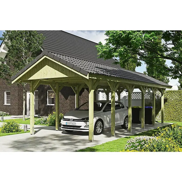 Skan Holz Carport Wallgau - L x B: 900 x 380 cm, Einfahrtshöhe: 215 cm, Grün, Dachlatten zur Eindeckung mit Dachziegeln - Anwendungsbeispiel