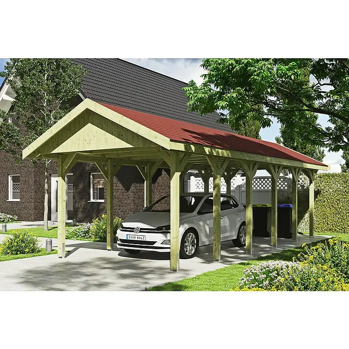 Skan Holz Carport Wallgau - L x B: 900 x 380 cm, Einfahrtshöhe: 215 cm, Farbe Dach: Rot - Anwendungsbeispiel