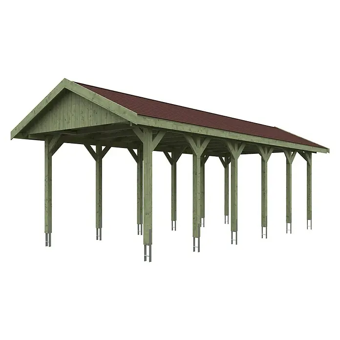 Skan Holz Carport Wallgau - L x B: 900 x 380 cm, Einfahrtshöhe: 215 cm, Farbe Dach: Rot - Diagonale Ansicht