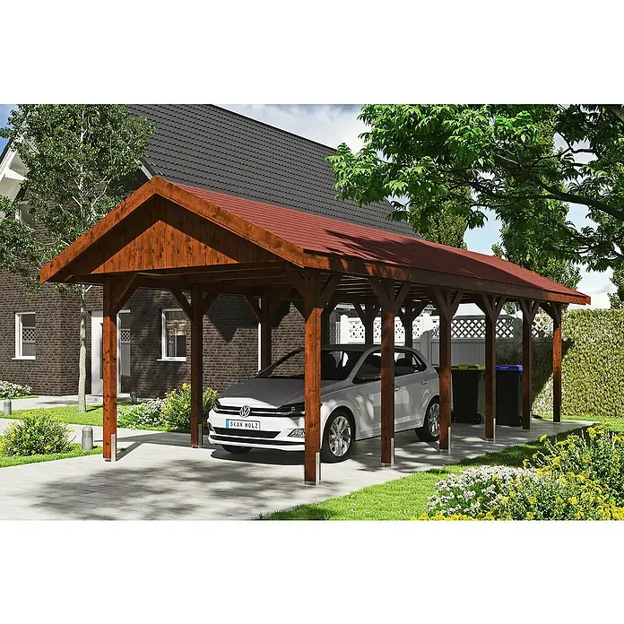 Skan Holz Carport Wallgau - L x B: 900 x 380 cm, Einfahrtshöhe: 215 cm, Nussbaum, Rote Bitumenschindeln - Anwendungsbeispiel
