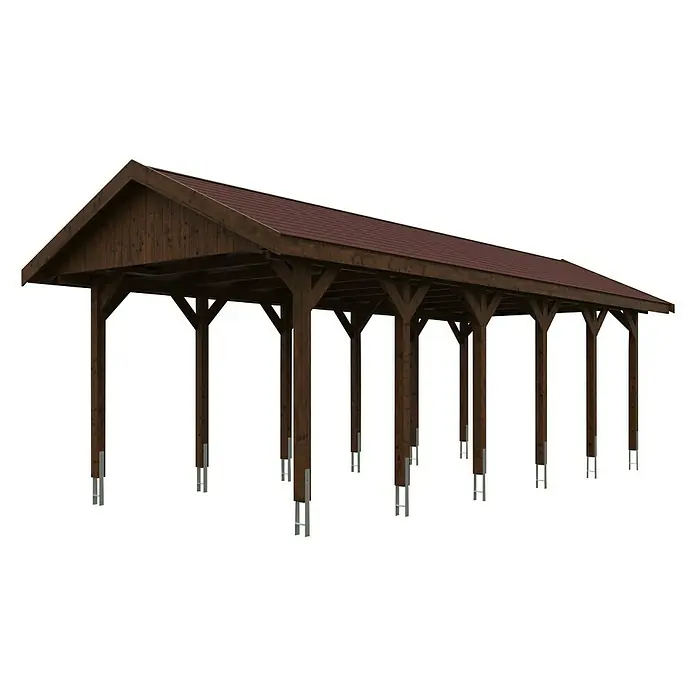 Skan Holz Carport Wallgau - L x B: 900 x 380 cm, Einfahrtshöhe: 215 cm, Nussbaum, Rote Bitumenschindeln - Diagonale Ansicht