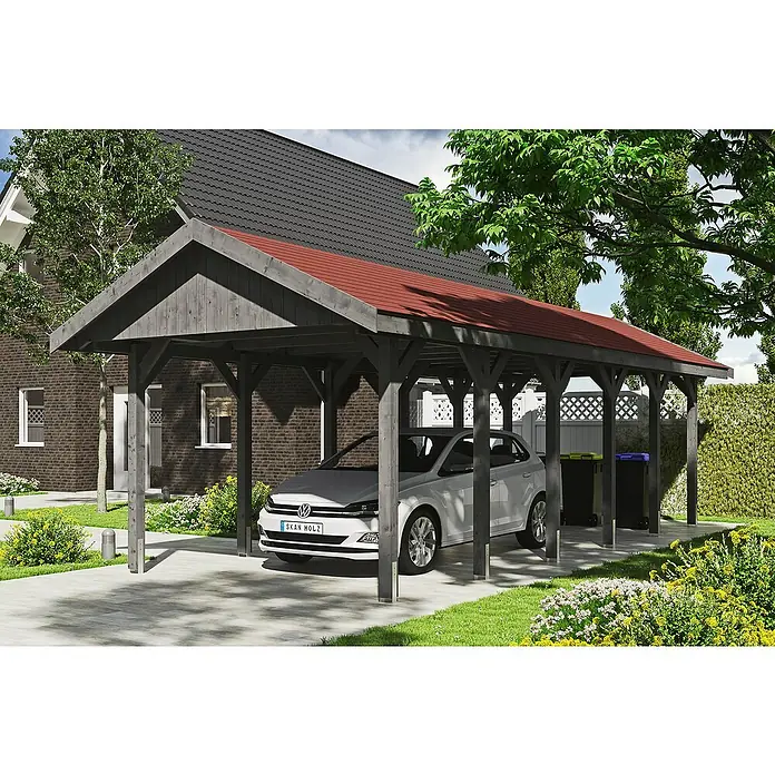 Skan Holz Carport Wallgau - L x B: 900 x 380 cm, Einfahrtshöhe: 215 cm, Schiefergrau - Anwendungsbeispiel