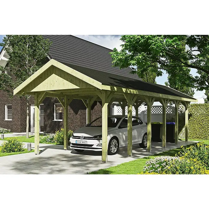 Skan Holz Carport Wallgau - L x B: 900 x 380 cm, Einfahrtshöhe: 215 cm, Farbe Dach: Schwarz - Anwendungsbeispiel