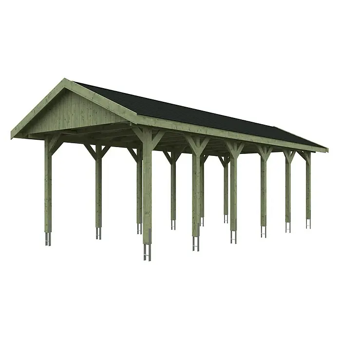 Skan Holz Carport Wallgau - L x B: 900 x 380 cm, Einfahrtshöhe: 215 cm, Farbe Dach: Schwarz - Diagonale Ansicht