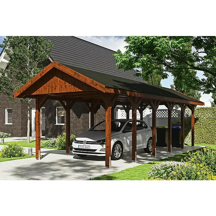 Skan Holz Carport Wallgau - L x B: 900 x 380 cm, Einfahrtshöhe: 215 cm, Nussbaum, Schwarze Bitumenschindeln - Anwendungsbeispiel