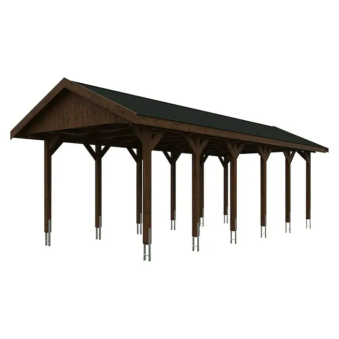 Skan Holz Carport Wallgau - L x B: 900 x 380 cm, Einfahrtshöhe: 215 cm, Nussbaum, Schwarze Bitumenschindeln - Diagonale Ansicht
