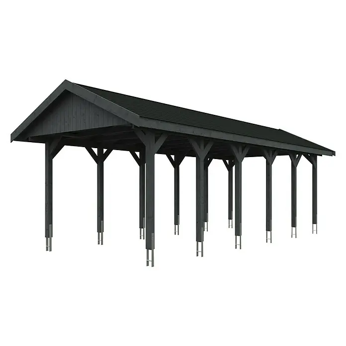 Skan Holz Carport Wallgau - L x B: 900 x 380 cm, Einfahrtshöhe: 215 cm, Schiefergrau, Schwarze Bitumenschindeln - Diagonale Ansicht