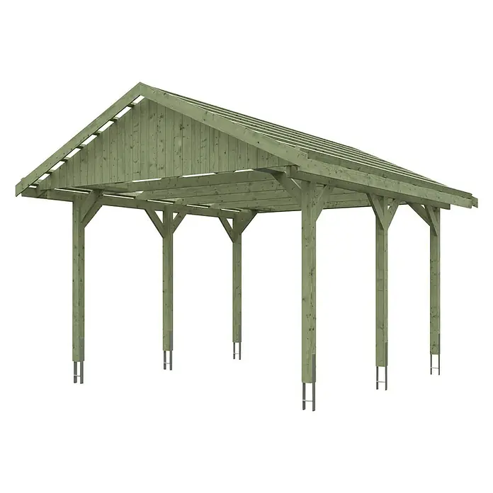 Skan Holz Carport Wallgau - L x B: 500 x 430 cm, Einfahrtshöhe: 215 cm, Grün, Dachlatten zur Eindeckung mit Dachziegeln - Diagonale Ansicht