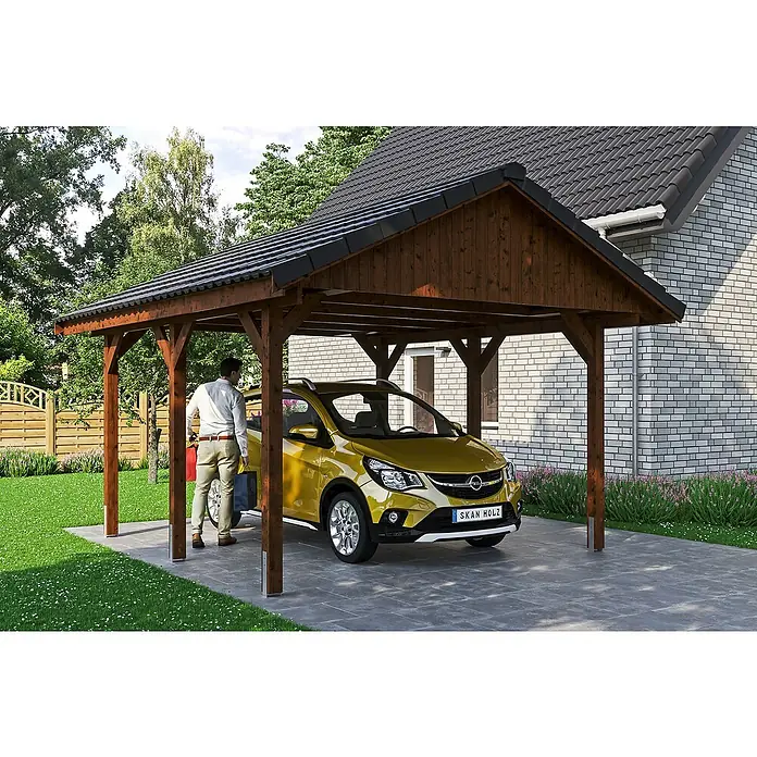 Skan Holz Carport Wallgau - L x B: 500 x 430 cm, Einfahrtshöhe: 215 cm, Nussbaum, Dachlatten zur Eindeckung mit Dachziegeln - Stimmungsaufnahme