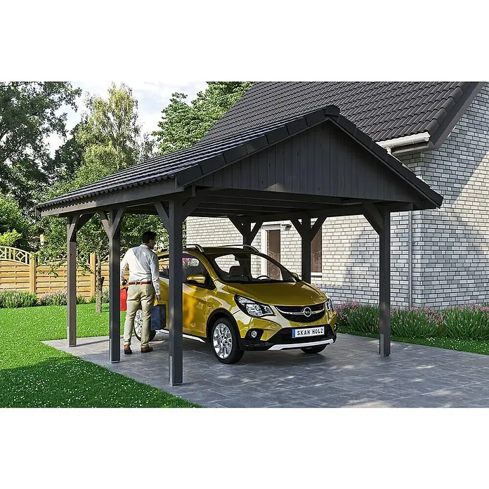 Skan Holz Carport Wallgau - L x B: 500 x 430 cm, Einfahrtshöhe: 215 cm, Schiefergrau, Dachlatten zur Eindeckung mit Dachziegeln - Stimmungsaufnahme