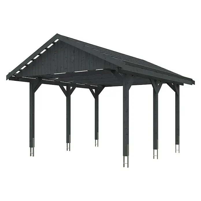 Skan Holz Carport Wallgau - L x B: 500 x 430 cm, Einfahrtshöhe: 215 cm, Schiefergrau, Dachlatten zur Eindeckung mit Dachziegeln - Diagonale Ansicht