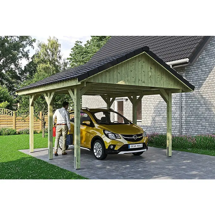Skan Holz Carport Wallgau - L x B: 500 x 430 cm, Einfahrtshöhe: 215 cm, Grün, Dachlatten zur Eindeckung mit Dachziegeln - Stimmungsaufnahme