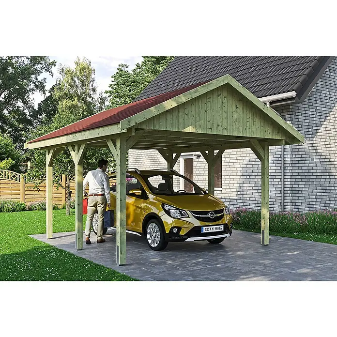 Skan Holz Carport Wallgau - L x B: 500 x 430 cm, Einfahrtshöhe: 215 cm, Farbe Dach: Rot - Stimmungsaufnahme