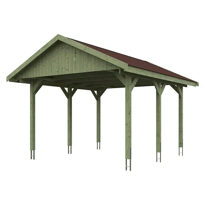 Skan Holz Carport Wallgau - L x B: 500 x 430 cm, Einfahrtshöhe: 215 cm, Farbe Dach: Rot - Diagonale Ansicht