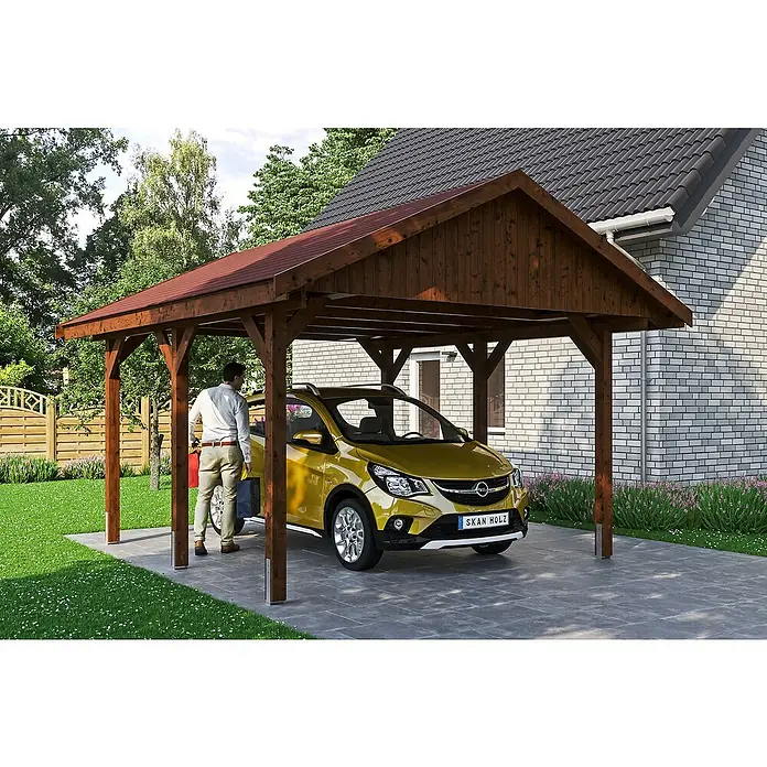 Skan Holz Carport Wallgau - L x B: 500 x 430 cm, Einfahrtshöhe: 215 cm, Nussbaum, Rote Bitumenschindeln - Stimmungsaufnahme