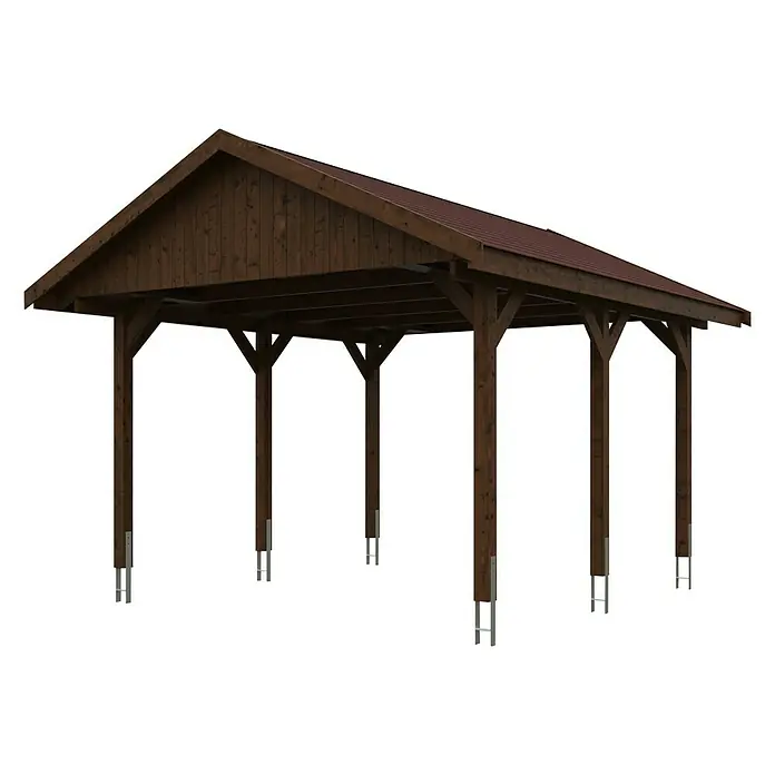 Skan Holz Carport Wallgau - L x B: 500 x 430 cm, Einfahrtshöhe: 215 cm, Nussbaum, Rote Bitumenschindeln - Diagonale Ansicht