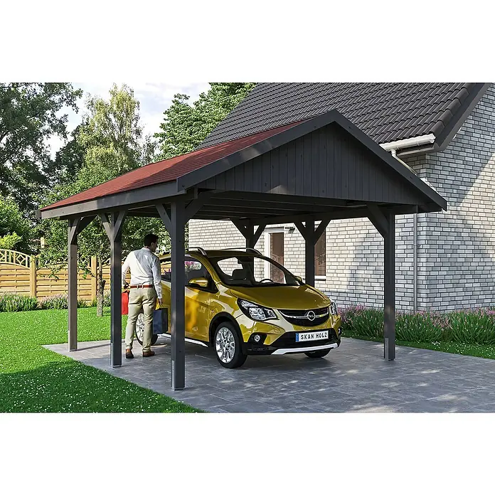 Skan Holz Carport Wallgau - L x B: 500 x 430 cm, Einfahrtshöhe: 215 cm, Schiefergrau - Stimmungsaufnahme