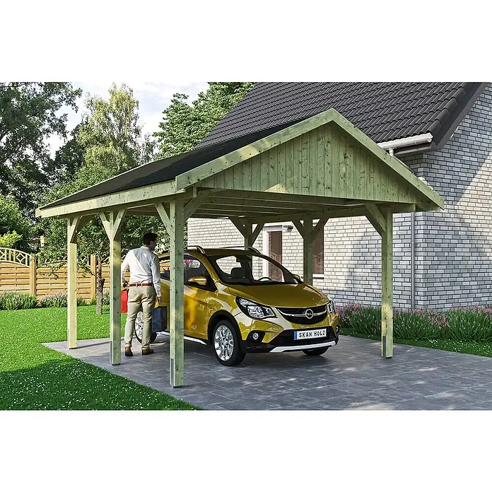 Skan Holz Carport Wallgau - L x B: 500 x 430 cm, Einfahrtshöhe: 215 cm, Farbe Dach: Schwarz - Stimmungsaufnahme
