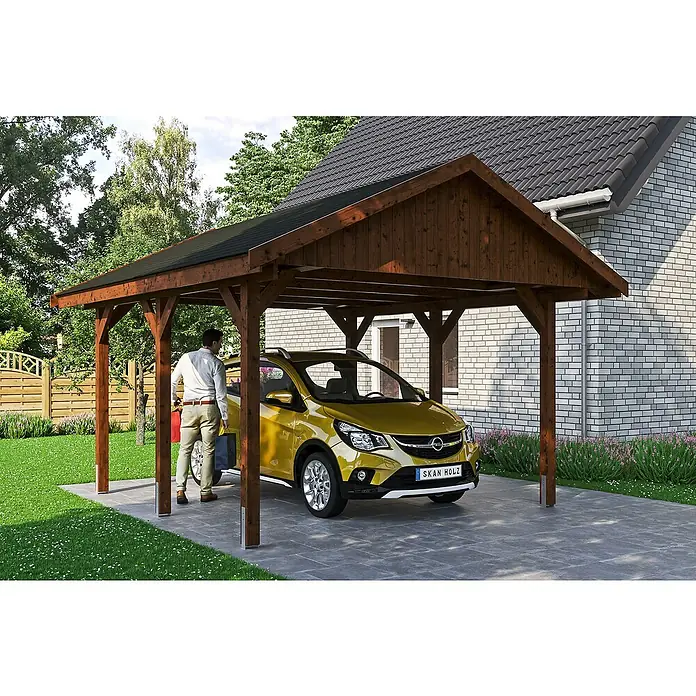 Skan Holz Carport Wallgau - L x B: 500 x 430 cm, Einfahrtshöhe: 215 cm, Nussbaum, Schwarze Bitumenschindeln - Stimmungsaufnahme