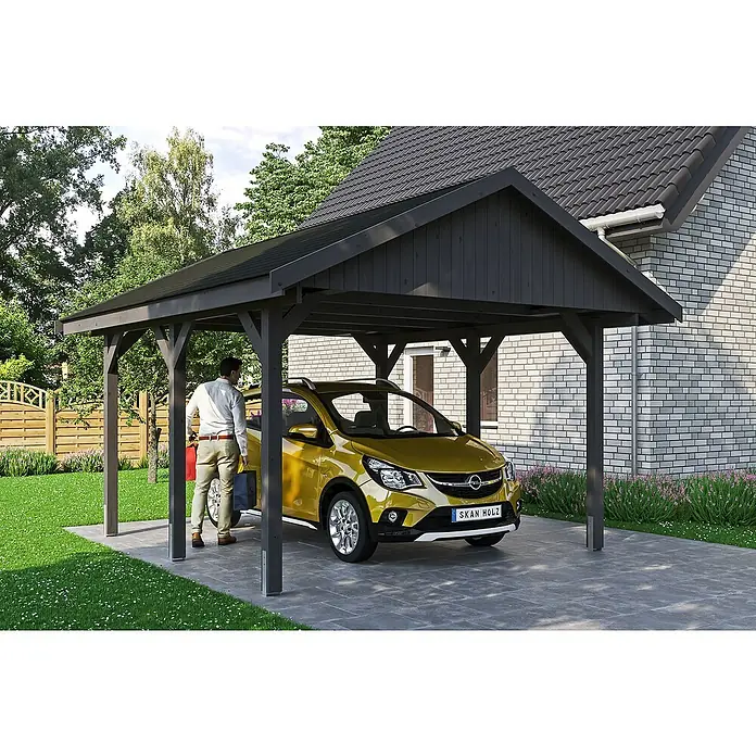 Skan Holz Carport Wallgau - L x B: 500 x 430 cm, Einfahrtshöhe: 215 cm, Schiefergrau, Schwarze Bitumenschindeln - Stimmungsaufnahme