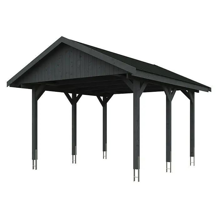Skan Holz Carport Wallgau - L x B: 500 x 430 cm, Einfahrtshöhe: 215 cm, Schiefergrau, Schwarze Bitumenschindeln - Diagonale Ansicht