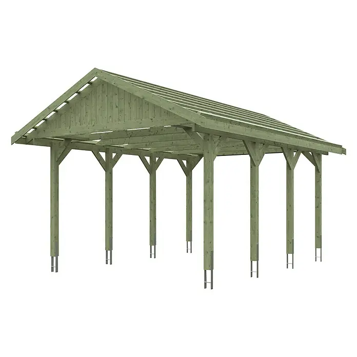 Skan Holz Carport Wallgau - L x B: 600 x 430 cm, Einfahrtshöhe: 215 cm, Grün, Dachlatten zur Eindeckung mit Dachziegeln - Diagonale Ansicht