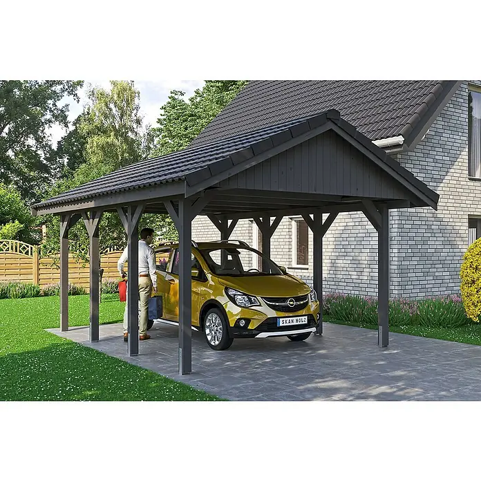 Skan Holz Carport Wallgau - L x B: 600 x 430 cm, Einfahrtshöhe: 215 cm, Schiefergrau, Dachlatten zur Eindeckung mit Dachziegeln - Stimmungsaufnahme