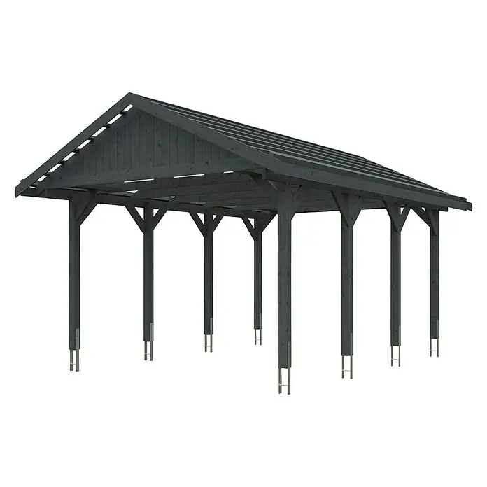 Skan Holz Carport Wallgau - L x B: 600 x 430 cm, Einfahrtshöhe: 215 cm, Schiefergrau, Dachlatten zur Eindeckung mit Dachziegeln - Diagonale Ansicht