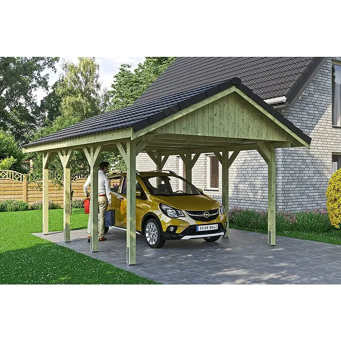 Skan Holz Carport Wallgau - L x B: 600 x 430 cm, Einfahrtshöhe: 215 cm, Grün, Dachlatten zur Eindeckung mit Dachziegeln - Stimmungsaufnahme