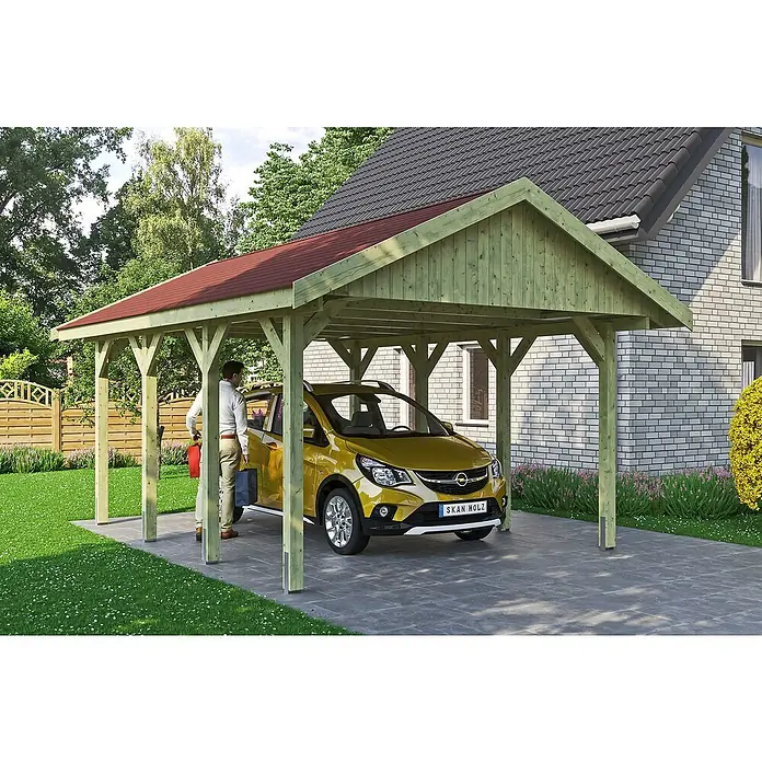 Skan Holz Carport Wallgau - L x B: 600 x 430 cm, Einfahrtshöhe: 215 cm, Farbe Dach: Rot - Stimmungsaufnahme