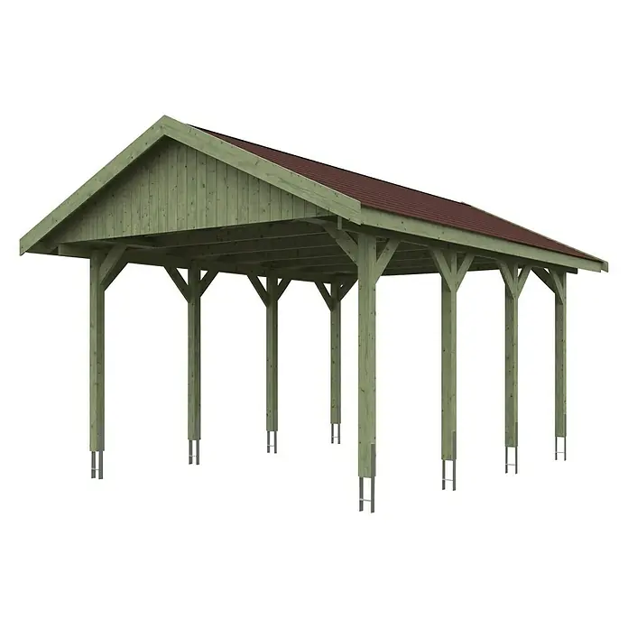 Skan Holz Carport Wallgau - L x B: 600 x 430 cm, Einfahrtshöhe: 215 cm, Farbe Dach: Rot - Diagonale Ansicht